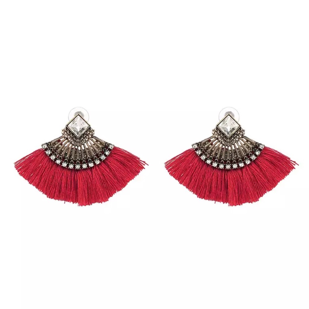 (7 colors) Rhinestone Fan Fringe Earrings - Picture 5 of 8